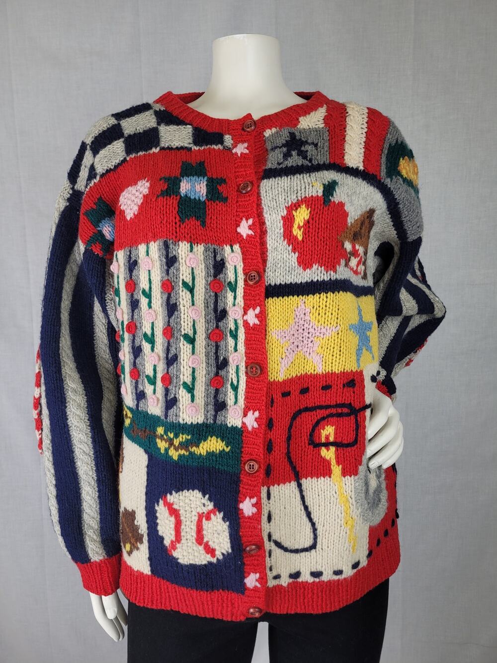 VTG 1990s The Eagle's Eye Wool Patchwork Hand-Knit Cardigan Women's Sz L
